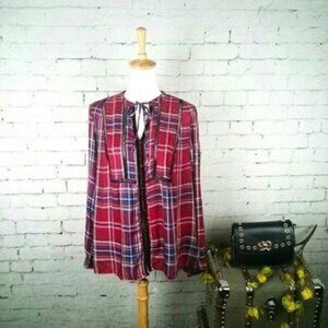 Seven7  Boho Plaid Top With Velvet Trim in Red Size Large